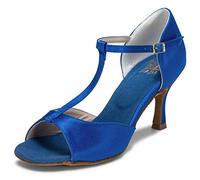 JIAJIA 20511 Sandales pour Femmes 2.7'' Talon évasé Super Satin Latin Chaussures de Danse Couleur Bleu, Taille 37 EU