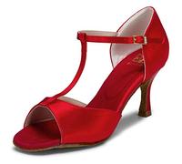 JIAJIA 20511 Sandales pour Femmes 2.7'' Talon évasé Super Satin Latin Chaussures de Danse Couleur Rouge, Taille 36 EU