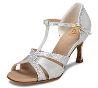 JIAJIA 20519 Sandales pour Femmes 2.7 '' Talon évasé Super Satin Latin Chaussures de Danse Couleur Argent, Taille 37 EU