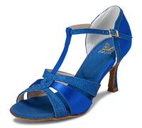 JIAJIA 20519 Sandales pour Femmes 2.7 '' Talon évasé Super Satin Latin Chaussures de Danse Couleur Bleu, Taille 41 EU