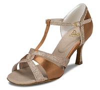 JIAJIA 20519 Sandales pour Femmes 2.7 '' Talon évasé Super Satin Latin Chaussures de Danse Couleur Marron, Taille 37 EU