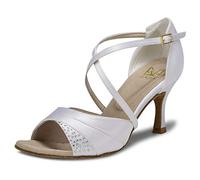 JIAJIA 20522 Sandales pour Femmes 7,5cm Talon évasé Super Satin Latin Chaussures de Danse Couleur Blanc, Taille 40 EU