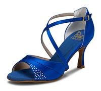 JIAJIA 20522 Sandales pour Femmes 7,5cm Talon évasé Super Satin Latin Chaussures de Danse Couleur Bleu, Taille 39 EU