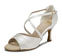 JIAJIA 20522 Sandales pour Femmes 7,5cm Talon évasé Super Satin Latin Chaussures de Danse Couleur Ivoire, Taille 36 EU