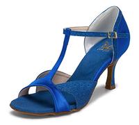 JIAJIA 2055 Sandales pour Femmes 7,5cm Talon évasé Super Satin Latin Chaussures de Danse Couleur Bleu, Taille 40 EU