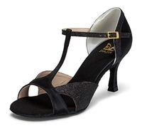 JIAJIA 2055 Sandales pour Femmes 7,5cm Talon évasé Super Satin Latin Chaussures de Danse Couleur Noir, Taille 37 EU