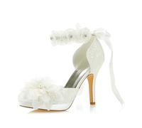 JIAJIA 3703L aux Femmes Chaussures de mariée Bout fermé 10cm Talon Aiguille Dentelle satinée Plate-Forme des Pompes Chaussures de Mariage Couleur Ivoire, Taille 40 EU