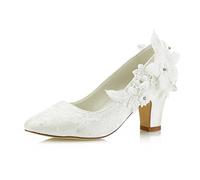 JIAJIA 62311 aux Femmes Chaussures de mariée Bout fermé 7cm Talon épais Dentelle satinée des Pompes Chaussures de Mariage Couleur Ivoire, Taille 35 EU
