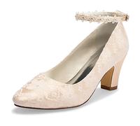 JIAJIA 62311A aux Femmes Chaussures de mariée Bout fermé 7cm Talon épais Dentelle satinée des Pompes Chaussures de Mariage Couleur Champagne, Taille 39 EU