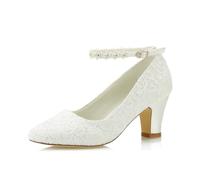 JIAJIA 62311A aux Femmes Chaussures de mariée Bout fermé 7cm Talon épais Dentelle satinée des Pompes Chaussures de Mariage Couleur Ivoire, Taille 36 EU
