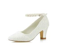 JIAJIA 62311A aux Femmes Chaussures de mariée Bout fermé 7cm Talon épais Dentelle satinée des Pompes Chaussures de Mariage Couleur Ivoire, Taille 37 EU
