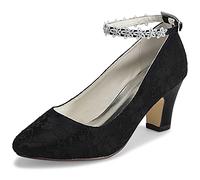 JIAJIA 62311A aux Femmes Chaussures de mariée Bout fermé 7cm Talon épais Dentelle satinée des Pompes Chaussures de Mariage Couleur Noir, Taille 35 EU