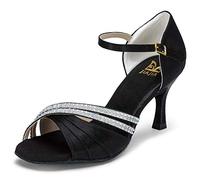 JIAJIA Sandales Femme 20524 avec talon évasé, en satin avec strass, chaussures de danse latine - Noir - noir, 42 EU