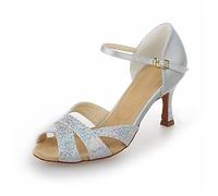 JIAJIA Y2054 aux Femmes Sandales en Satin Talon évasé Salsa Latine Performance Chaussures de Danse Couleur Argent,Taille 41 EU