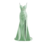 JIAJUPA Bretelles spaghetti Robes de bal avec fente en satin longues appliques sirène robes de bal de soirée formelles, vert sauge, 58