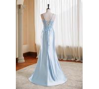 JIAJUPA Bretelles spaghetti Robes de bal avec fente en satin longues appliques sirène robes de bal de soirée formelles, Argenté., 60