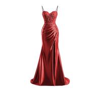 JIAJUPA Bretelles spaghetti Robes de bal avec fente en satin longues appliques sirène robes de bal de soirée formelles, Rouge, 56