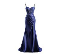 JIAJUPA Bretelles spaghetti Robes de bal avec fente en satin longues appliques sirène robes de bal de soirée formelles, bleu marine, 42