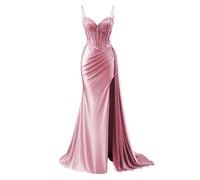 JIAJUPA Robe de bal en satin pour femme - Longues bretelles spaghetti - Robe de soirée formelle avec fente, rose, 48