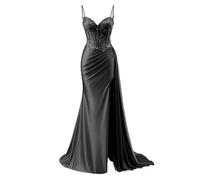JIAJUPA Robe de bal en satin pour femme - Longues bretelles spaghetti - Robe de soirée formelle avec fente, Noir , 44
