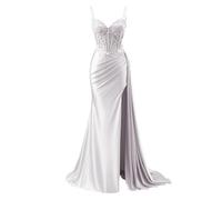 JIAJUPA Robe de bal en satin pour femme - Longues bretelles spaghetti - Robe de soirée formelle avec fente, blanc, 54