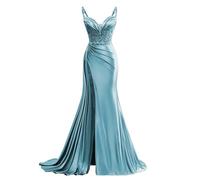 JIAJUPA Robe de bal sirène à bretelles spaghetti en satin à paillettes scintillantes pour soirée formelle, Bleu Haze, 54