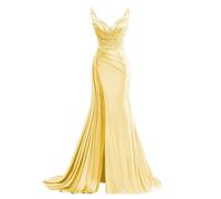 JIAJUPA Robe de bal sirène à bretelles spaghetti en satin à paillettes scintillantes pour soirée formelle, jaune, 44