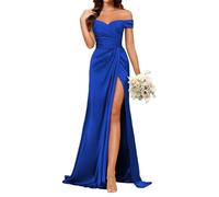 JIAJUPA Robes de demoiselle d'honneur sirène à épaules dénudées avec fente longue froncée en satin pour femme, bleu marine, 46