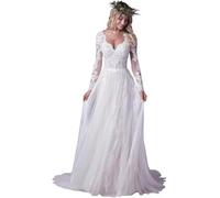 JIAJUPA Robes de mariée à manches longues pour mariée en dentelle bohème robe de mariée pour femme robe de mariée campagnard, blanc, 46