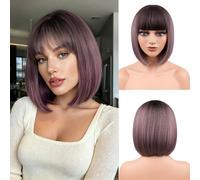 JIAMEISI Perruque avec frange ombrée, 30 cm, en fibre synthétique résistante à la chaleur, cheveux colorés pour femme et fille, cosplay, fête, Noël, Halloween, tous les jours (marron cendré)