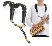JIAMIAN Noir Sangle de Saxophone, Ecomfortable Double Bandoulière Sax Sangle, Premium Sangle de cou en Cuir Véritable avec Boucle Réglable et Larges Bretelles, Pour Tout Saxophoniste (A)
