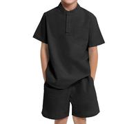 JiAmy Ensemble de 2 pièces pour garçons - Col Henley - Haut à manches courtes et short - Tenue d'été décontractée en coton pour enfants de 5 à 14 ans, Noir , 7-8 ans