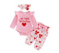 JiAmy Ensemble de 3 pièces barboteuse, bandeau et pantalon pour bébé fille, Rose Saint Valentin 1er, 9-12 mois