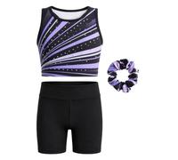 JiAmy Ensemble de gymnastique deux pièces pour filles, débardeur court pour | 88 % polyester, 12 % élasthanne, extensible dans les 4 sens, 3 pièces : débardeur sans manches, short et chouchou