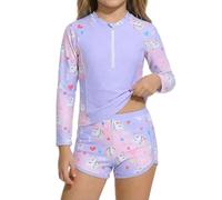 JiAmy Ensemble de maillot de bain pour filles 2 pièces avec rashguard à manches longues - Protection UV solaire avec shorts - Maillot de bain sirène licorne flamant rose à fermeture éclair partielle