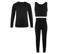 JiAmy Ensemble pour Filles 3 Pièces, Leggings de Yoga T-shirt Manches longues, Crop top Tenue de Sport pour 9-10 ans - Noir