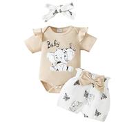 JiAmy Ensemble Vêtements pour Nouveau-né, Bébé Filles Été Body Barboteuse Eléphants Manches Courtes Short avec Bandeau 3 Pièces Tenues pour Enfants 12-18 Mois, Beige