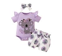 JiAmy Ensemble Vêtements pour Nouveau-né, Bébé Filles Été Body Barboteuse Koala Manches Courtes Short avec Bandeau 3 Pièces Tenues pour Enfants 12-18 Mois, Violet