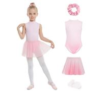JiAmy Justaucorps de ballet 4 pièces pour filles avec jupe amovible - Couleur dégradée - Tenue de danse - Collants chouchous - 4 à 12 ans, rose, 7-8 ans