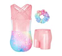JiAmy Justaucorps de gymnastique 3 pièces pour filles, justaucorps gymnastique brillant avec short et dos croisé pour enfants de 3 à 12 ans