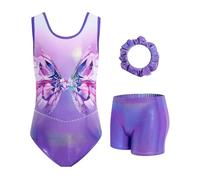 JiAmy Justaucorps de gymnastique à paillettes Tenue sportive pour filles, short et bandeau Ensemble violet dégradé géométrique, 9-10 ans