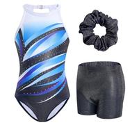 JiAmy Justaucorps de gymnastique pour filles avec short, ensemble à fermoir dorsal - Vêtement athlétique scintillant pour enfants de 3 à 12 ans, Géométrie bleue, 8-9 ans