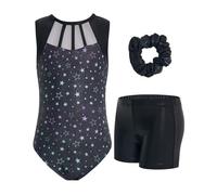 JiAmy Justaucorps de gymnastique pour filles de 3 à 12 ans - Biketards scintillants avec short pour danse, ballet, culbute, cadeaux, Black Star, 8-9 ans