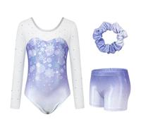 JiAmy Justaucorps gymnastique fille, Combinaison de Gymnastique à Manches Longues pour Fille avec Short et Serre-tête, pour Enfants de 3-12 Ans