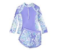 JiAmy Maillot de bain deux pièces pour fille avec short, maillot de bain 2 pièces, maillot de bain à manches longues avec fermeture éclair, maillot de bain rashguard 8-12 ans, violet, 9-10 ans