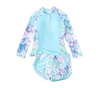 JiAmy Maillot de bain deux pièces pour fille avec short, maillot de bain 2 pièces, maillot de bain à manches longues avec fermeture éclair, maillot de bain rashguard 8-12 ans, bleu, 8-9 ans