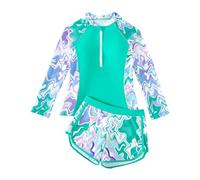 JiAmy Maillot de bain deux pièces pour fille avec short, maillot de bain 2 pièces, maillot de bain à manches longues avec fermeture éclair, maillot de bain rashguard 8-12 ans, Vert, 8-9 ans