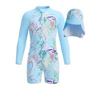JiAmy Maillot de bain une pièce pour fille - Manches longues - Fermeture éclair - Protection UV - Maillot de bain sirène avec bonnet de bain pour filles de 4 à 12 ans, vague bleue, 6-7 ans