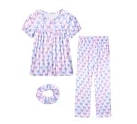 JiAmy Pyjama d'été 3 pièces pour Fille Pyjama Filles Imprimé Boutonné Vêtements de Nuit d'été pour Enfants 11-12 Ans,Papillon Violet