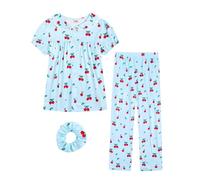 JiAmy Pyjama d'été 3 pièces pour Fille Pyjama Filles Imprimé Boutonné Vêtements de Nuit d'été pour Enfants 9-10 Ans,Cerise Bleue